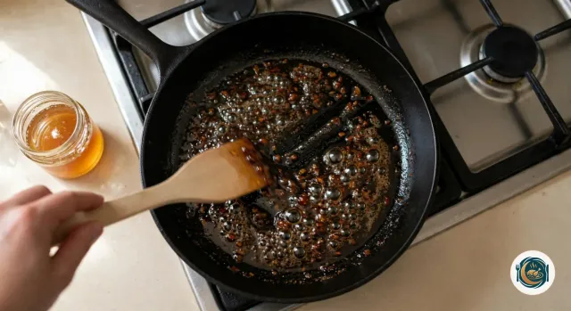 Poêle en fonte noire, vidée de sa graisse, où une sauce brun ambré au miel et au vinaigre balsamique bouillonne avec les sucs de cuisson, raclés par une spatule en bois tenue par une main, à côté d’un pot de miel doré