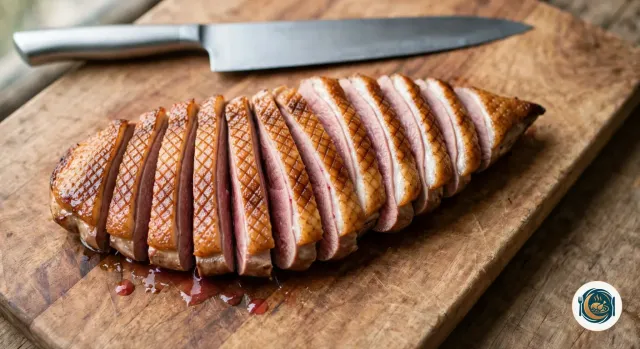 Magret de canard cuit, entièrement coupé en une douzaine de tranches de 1 cm restées dans sa forme sur une planche en bois, chaque tranche montrant sa peau dorée quadrillée et sa chair rosée, avec un grand couteau de cuisine posé au-dessus et un peu de jus rose sur la planche