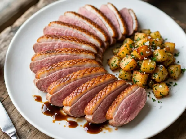 Assiette blanche garnie d’un magret de canard tranché en éventail, chaque tranche montrant une peau dorée et quadrillée, une fine couche de gras et une chair rosée, avec un filet de sauce brune au miel et des pommes de terre sautées au persil et à la fleur de sel, à côté d’un verre de vin rouge, d’une fourchette et d’un couteau