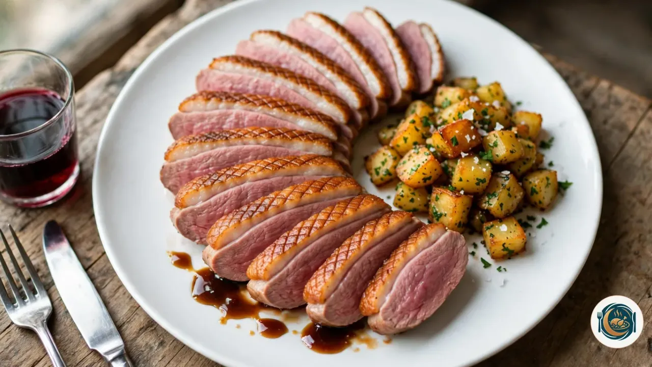 Assiette blanche garnie d’un magret de canard tranché en éventail, chaque tranche montrant une peau dorée et quadrillée, une fine couche de gras et une chair rosée, avec un filet de sauce brune au miel et des pommes de terre sautées au persil et à la fleur de sel, à côté d’un verre de vin rouge, d’une fourchette et d’un couteau
