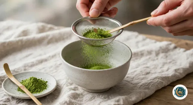 Main qui tient une petite passoire fine au-dessus d’un bol en grès gris clair, pendant que l’autre pousse le matcha à travers la grille avec une cuillère en bambou, la poudre vert vif tombant en petit tas au fond du bol, à côté d’une coupelle de matcha