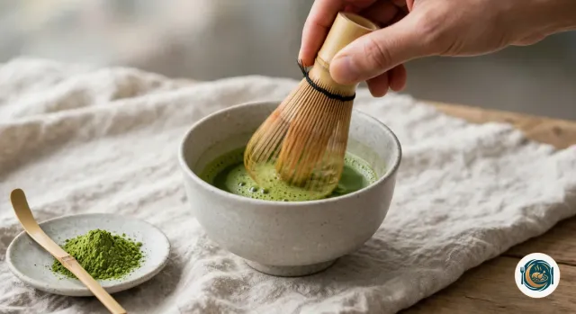 Main qui fouette au fouet en bambou un matcha vert vif couvert d’une mousse fine, dans un bol en grès gris clair, à côté d’une cuillère en bambou posée sur une coupelle avec un peu de poudre de matcha