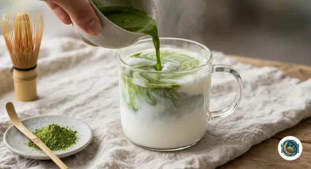 Main qui verse un matcha vert vif d’un bol en grès dans une tasse en verre remplie de lait chaud et mousseux, le vert dessinant des volutes dans la mousse blanche, à côté d’un fouet en bambou et d’une coupelle de matcha