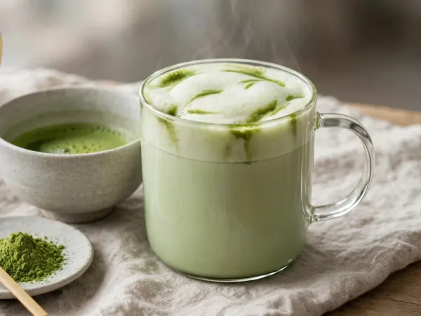Grande tasse en verre de matcha latte chaud, vert jade pâle, couronnée d’une épaisse mousse de lait marbrée de traits de matcha vert vif, à côté d’un bol en grès gris clair contenant un peu de matcha fouetté, d’un fouet en bambou et d’une cuillère en bambou posée sur une coupelle avec un petit tas de poudre de matcha, sur un torchon en lin