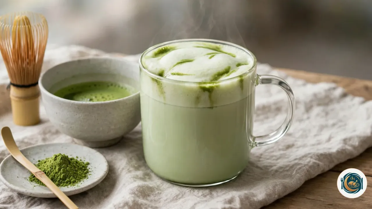 Grande tasse en verre de matcha latte chaud, vert jade pâle, couronnée d’une épaisse mousse de lait marbrée de traits de matcha vert vif, à côté d’un bol en grès gris clair contenant un peu de matcha fouetté, d’un fouet en bambou et d’une cuillère en bambou posée sur une coupelle avec un petit tas de poudre de matcha, sur un torchon en lin