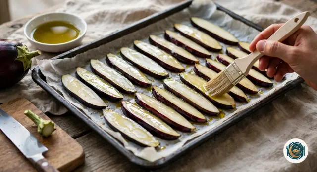 Main qui badigeonne d’huile d’olive au pinceau de longues tranches d’aubergine coupées dans la longueur, alignées sur une plaque couverte de papier cuisson, à côté d’un bol d’huile d’olive, d’une aubergine entière et d’un couteau posé sur une planche en bois