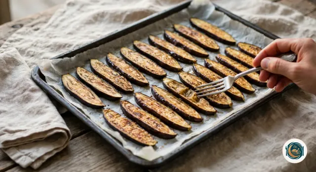 Tranches d’aubergine rôties, dorées et fondantes, sur leur plaque couverte de papier cuisson, avec une main qui pose une fourchette sur l’une d’elles pour vérifier qu’elle est tendre, à côté d’un torchon en lin