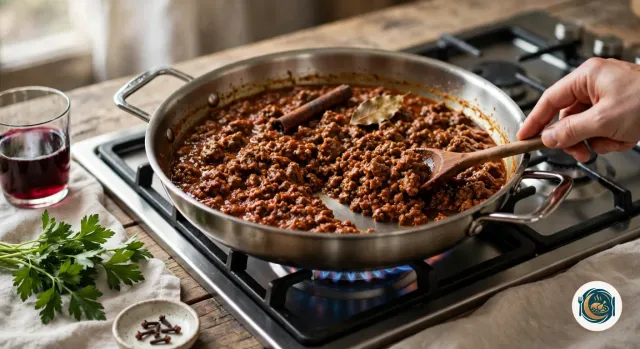 Sauce à la viande hachée et à la tomate, épaisse et presque sans jus, dans une grande sauteuse en inox sur le gaz, avec un bâton de cannelle et une feuille de laurier, et une cuillère en bois qui y trace un sillon, à côté d’un verre de vin rouge, de persil plat et d’une coupelle de clous de girofle