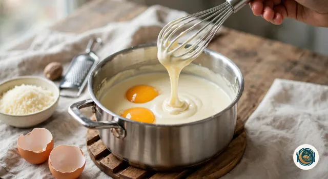 Fouet qui soulève un ruban de béchamel épaisse et lisse dans une casserole en inox posée sur un dessous-de-plat en bois, avec deux jaunes d’œufs posés sur la sauce, à côté de coquilles d’œufs, d’un bol de fromage râpé, d’une noix de muscade et d’une râpe