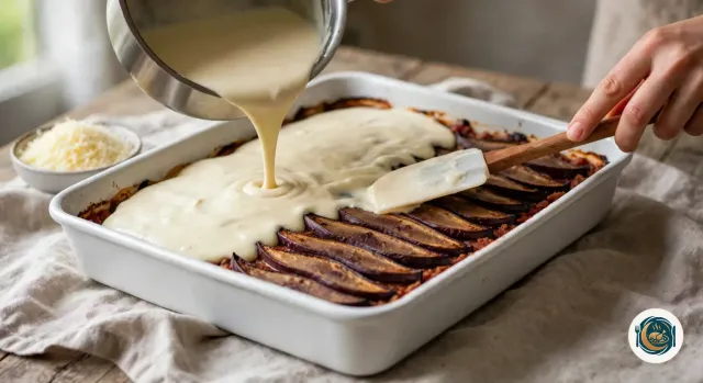 Casserole qui verse une béchamel épaisse sur la dernière couche de tranches d’aubergine rôties d’un plat rectangulaire blanc, déjà à moitié nappé, avec une main qui étale la sauce à la spatule et un bol de fromage râpé à gauche