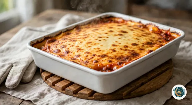 Moussaka entière tout juste sortie du four dans son plat rectangulaire blanc, posé sur un dessous-de-plat en bois, avec une béchamel gratinée et dorée, tachetée de brun, et la sauce à la viande qui bouillonne sur les bords, à côté de gants de cuisine en lin