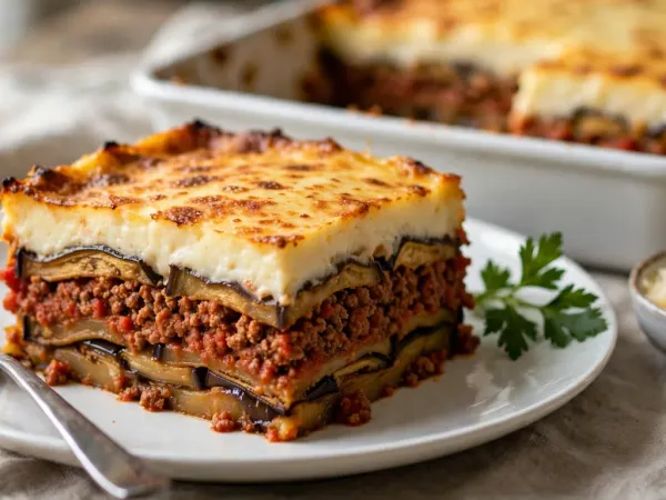 Part de moussaka sur une assiette blanche, coupée net pour montrer ses couches : des tranches d’aubergine rôties, une épaisse couche de viande hachée à la tomate, une autre couche d’aubergine et une béchamel épaisse au dessus gratiné et doré, devant le reste de la moussaka dans un plat rectangulaire blanc, avec une fourchette, un brin de persil plat et un bol de fromage râpé sur une nappe en lin