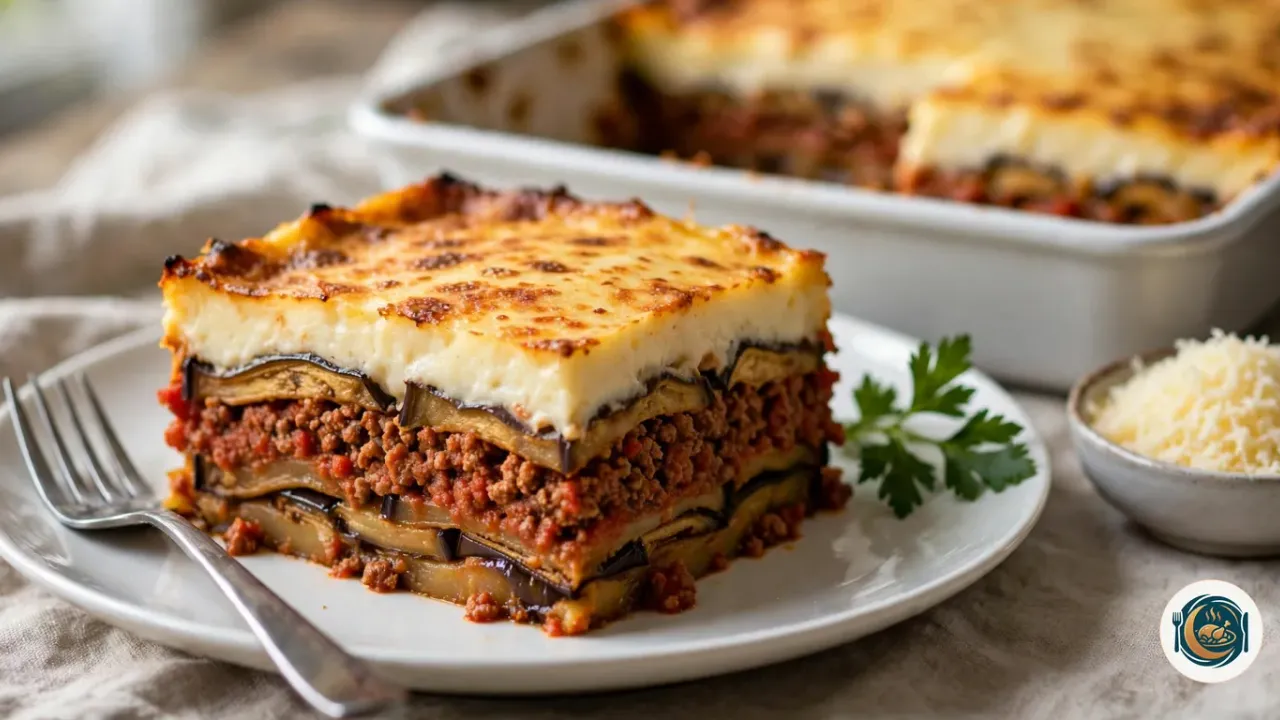 Part de moussaka sur une assiette blanche, coupée net pour montrer ses couches : des tranches d’aubergine rôties, une épaisse couche de viande hachée à la tomate, une autre couche d’aubergine et une béchamel épaisse au dessus gratiné et doré, devant le reste de la moussaka dans un plat rectangulaire blanc, avec une fourchette, un brin de persil plat et un bol de fromage râpé sur une nappe en lin