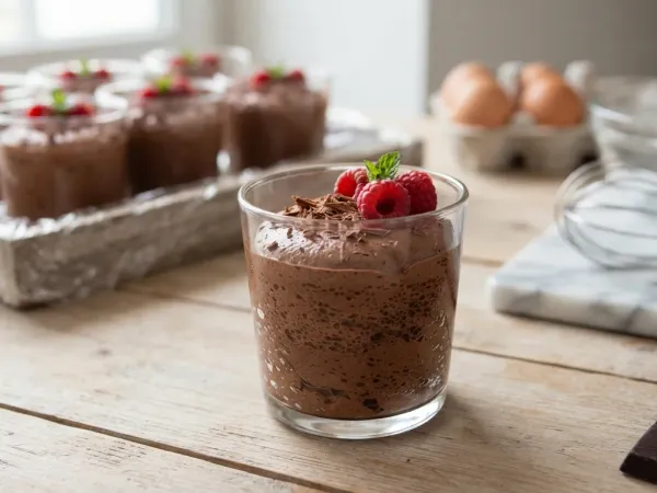 Mousse au chocolat en verrine, garnie de framboises et de copeaux de chocolat, devant d’autres verrines et une tablette de chocolat noir