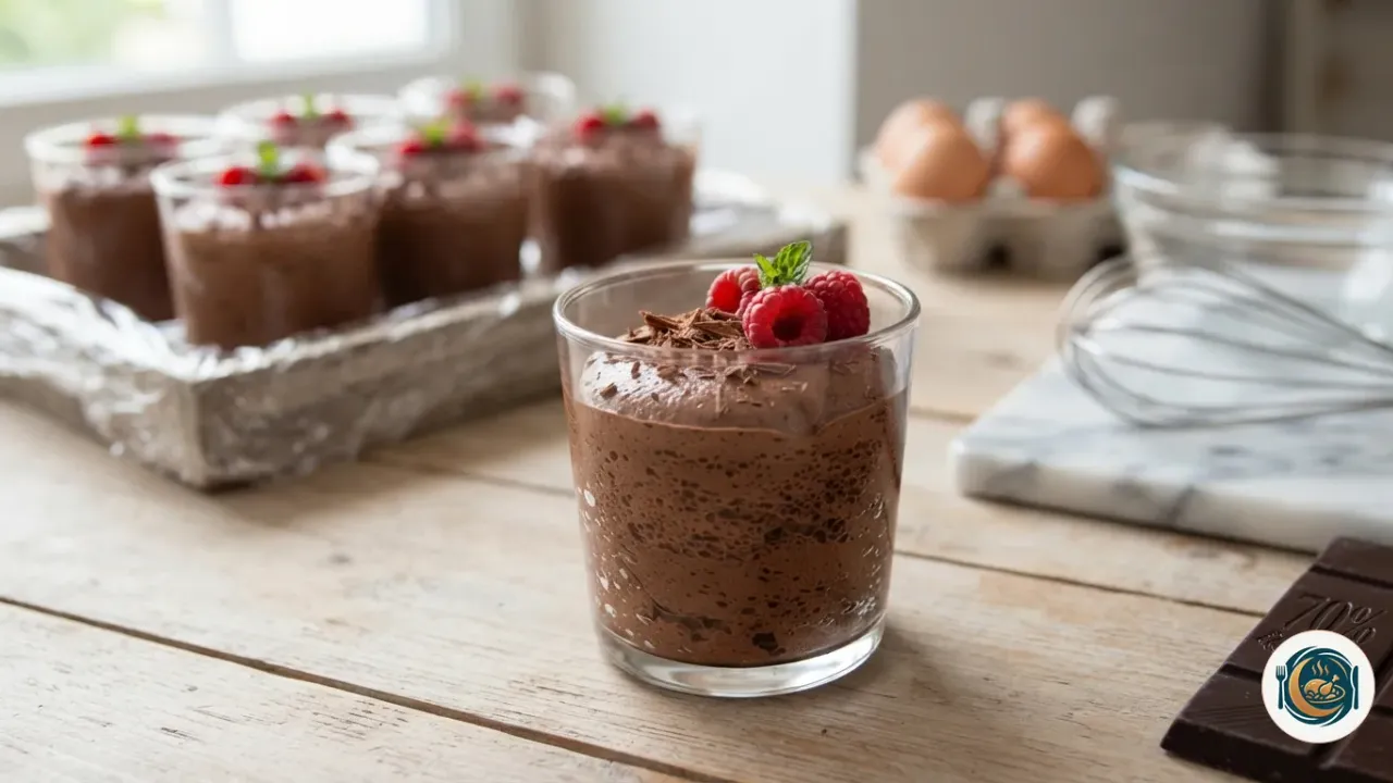 Mousse au chocolat en verrine, garnie de framboises et de copeaux de chocolat, devant d’autres verrines et une tablette de chocolat noir