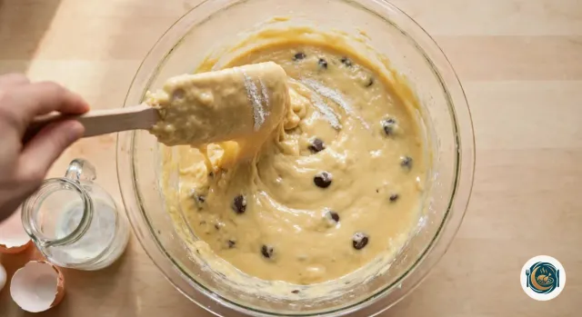 Saladier en verre vu du dessus contenant une pâte à muffins épaisse et luisante, parsemée de pépites de chocolat, avec deux traces de farine encore visibles, pendant qu’une main soulève avec une spatule en bois un ruban de pâte qui retombe, à côté d’un petit pot à lait vide et de deux coquilles d’œuf