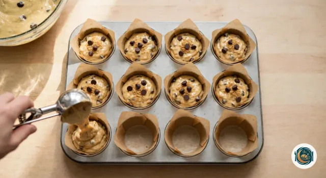 Moule à 12 muffins garni de caissettes en papier brun, dont huit sont déjà remplies aux trois quarts de pâte dorée surmontée de pépites de chocolat et de cassonade, pendant qu’une main dépose une boule de pâte avec une cuillère à glace dans une caissette, les dernières encore vides