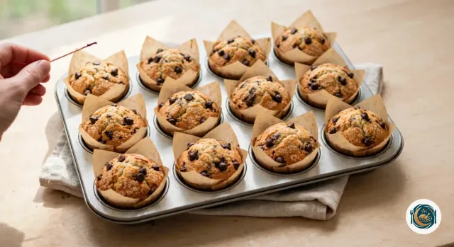 Moule à 12 muffins sorti du four sur un torchon en lin, chaque muffin dans sa caissette en papier brun avec un dôme doré et craquelé parsemé de pépites de chocolat, pendant qu’une main tient en l’air un cure-dent propre qui vient d’être retiré d’un muffin