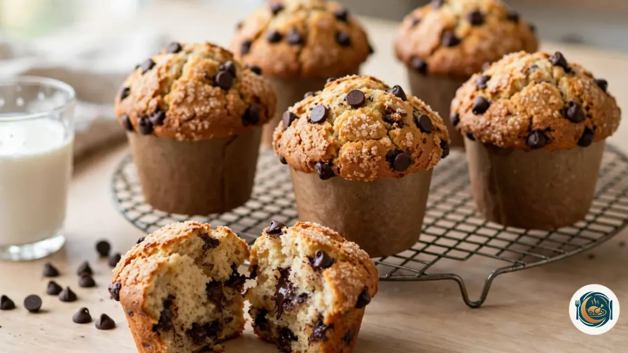 Six muffins aux pépites de chocolat dans des caissettes en papier brun, posés sur une grille et une table en bois clair, avec un grand dôme doré, craquelé et sucré, constellé de pépites, devant un muffin cassé en deux qui montre une mie moelleuse et du chocolat fondu, à côté d’un verre de lait