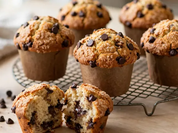 Six muffins aux pépites de chocolat dans des caissettes en papier brun, posés sur une grille et une table en bois clair, avec un grand dôme doré, craquelé et sucré, constellé de pépites, devant un muffin cassé en deux qui montre une mie moelleuse et du chocolat fondu, à côté d’un verre de lait