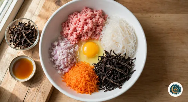 Grand saladier blanc vu du dessus avec des tas séparés de porc haché cru, de vermicelles translucides, de lanières de champignons noirs, de carotte râpée orange et d’oignon rouge haché, et un œuf entier cassé au centre, à côté d’un bol de champignons noirs séchés et d’une coupelle de nuoc-mâm ambré