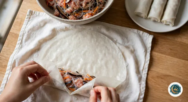 Deux mains qui replient le bas d’une galette de riz assouplie et translucide sur un boudin de farce au porc, aux vermicelles, aux champignons et à la carotte, posée sur un torchon de coton blanc, avec en haut un saladier de farce et une assiette de trois nems crus déjà roulés