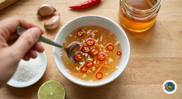 Petit bol blanc de sauce ambrée et translucide où flottent des rondelles de piment rouge, de l’ail pilé et quelques brins de carotte, remuée avec une cuillère tenue par une main, entouré d’un demi-citron vert, d’une coupelle de sucre, de deux gousses d’ail, d’un piment et d’un bocal de nuoc-mâm