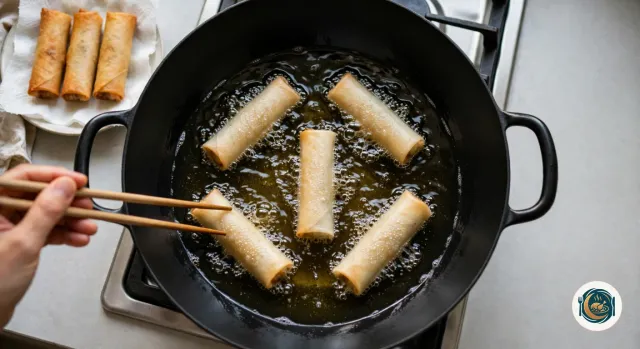 Wok noir plein d’huile chaude où cinq nems blond doré flottent, espacés, entourés de petites bulles, dont l’un est retourné avec des baguettes en bois tenues par une main, à côté d’une assiette garnie de papier absorbant avec trois nems déjà frits