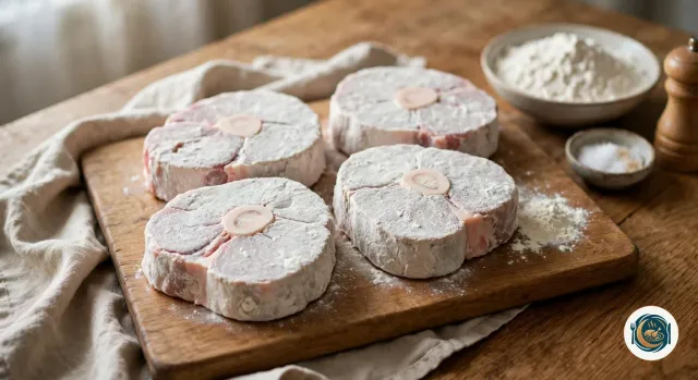 Quatre tranches de jarret de veau crues et farinées sur une planche en bois, avec leur os à moelle au centre, à côté d’un bol de farine, d’une coupelle de gros sel et d’un moulin à poivre