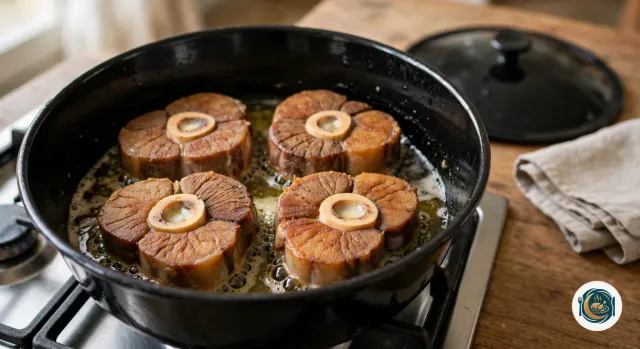 Quatre tranches de jarret de veau farinées qui dorent en une seule couche dans une cocotte en fonte noire, dans le beurre et l’huile qui grésillent, l’os à moelle au centre de chacune, le couvercle posé à côté sur le plan de travail