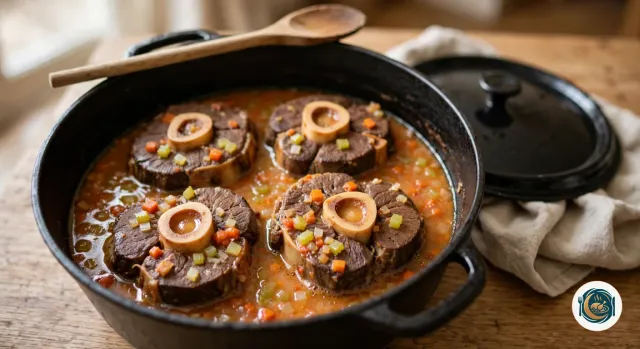 Quatre tranches d’osso bucco braisées dans une cocotte en fonte noire découverte, à moitié plongées dans une sauce orangée aux dés de carotte, de céleri et d’oignon, l’os à moelle au centre de chaque tranche, avec une cuillère en bois posée sur le bord et le couvercle à côté