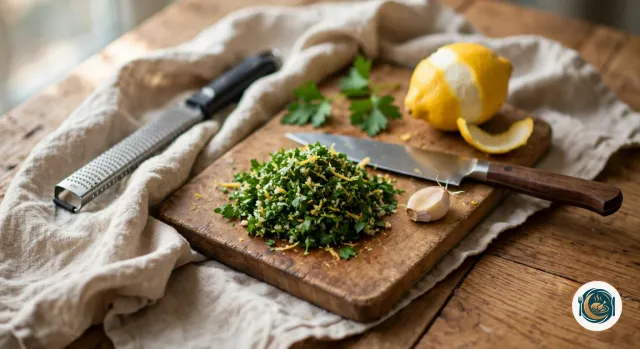 Petit tas de gremolata sur une planche en bois, fait de persil plat haché, de fins zestes de citron jaune et d’ail haché, à côté d’un couteau de cuisine, d’un citron en partie zesté, d’une gousse d’ail, de feuilles de persil et d’une râpe à zestes