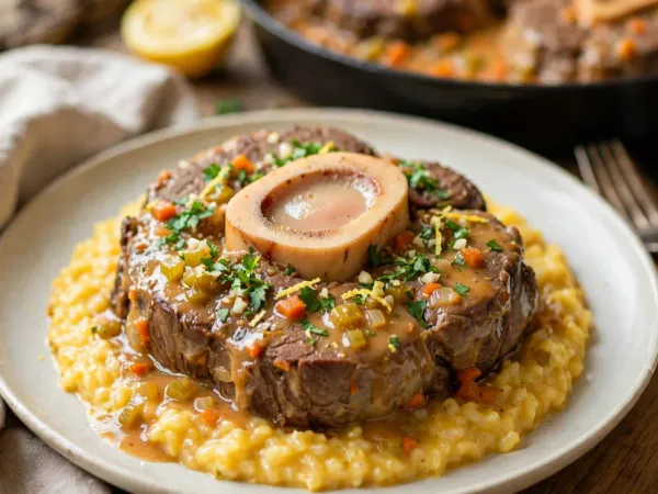 Tranche d’osso bucco de veau sur un risotto au safran dans une assiette blanche, l’os à moelle au centre de la viande braisée, nappée d’une sauce dorée aux petits dés de carotte, de céleri et d’oignon, et parsemée de gremolata au persil, au zeste de citron et à l’ail, avec une cocotte en fonte noire et un demi-citron en arrière-plan