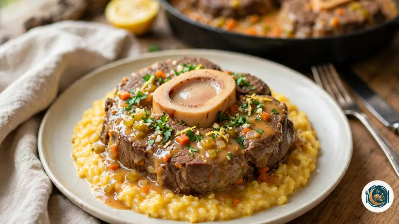 Tranche d’osso bucco de veau sur un risotto au safran dans une assiette blanche, l’os à moelle au centre de la viande braisée, nappée d’une sauce dorée aux petits dés de carotte, de céleri et d’oignon, et parsemée de gremolata au persil, au zeste de citron et à l’ail, avec une cocotte en fonte noire et un demi-citron en arrière-plan