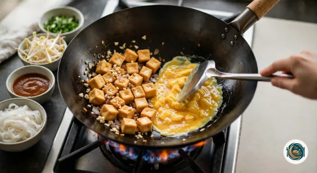 Wok noir en acier sur la flamme du gaz, avec d’un côté des cubes de tofu doré, de l’ail et de l’échalote hachés, et de l’autre deux œufs battus qui prennent en grumeaux jaunes sous une spatule métallique, à côté de coupelles de nouilles trempées, de sauce brun-rouge, de pousses de soja et de ciboule