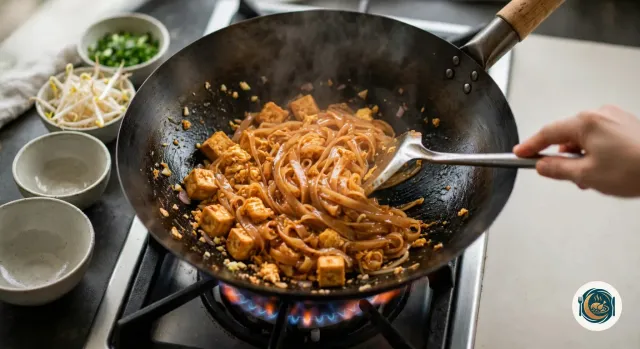Spatule métallique qui retourne dans le wok noir des nouilles de riz plates devenues brun-rouge et brillantes, mêlées de cubes de tofu et d’œufs brouillés, avec un peu de vapeur, les coupelles de nouilles et de sauce désormais vides à côté du feu