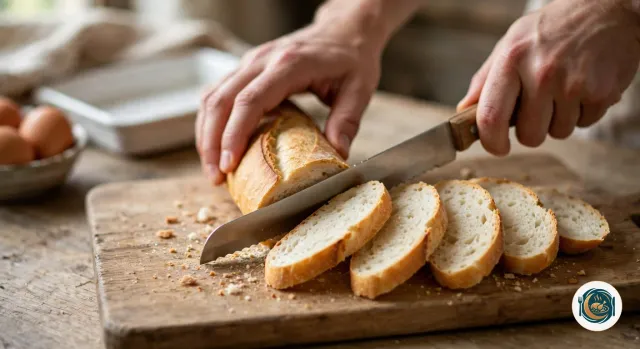 Mains qui coupent une baguette rassise avec un couteau à pain sur une planche en bois, cinq tranches épaisses déjà coupées et alignées, devant un plat à four blanc et un bol d’œufs bruns