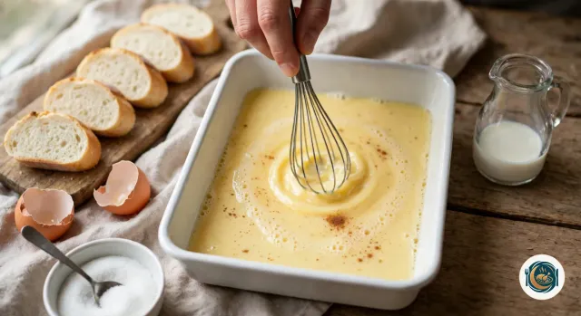 Main qui fouette un mélange jaune pâle d’œufs et de lait, piqué de cannelle, dans un plat à four rectangulaire blanc, entre des tranches de baguette sur une planche, deux coquilles d’œuf, un bol de sucre et un petit pot de lait