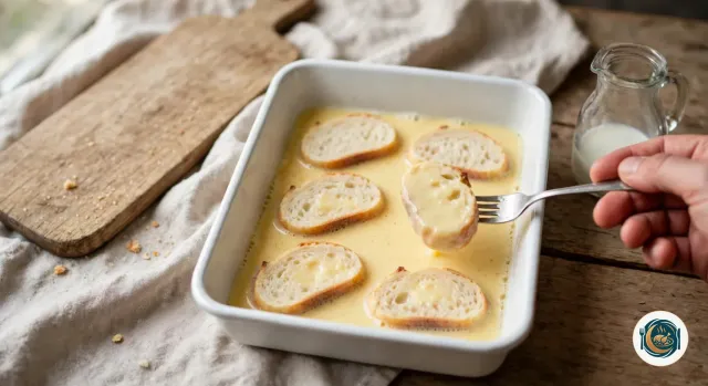 Tranches de baguette posées dans le mélange œufs-lait d’un plat à four blanc, une main qui en retourne une, jaune et imbibée, avec une fourchette