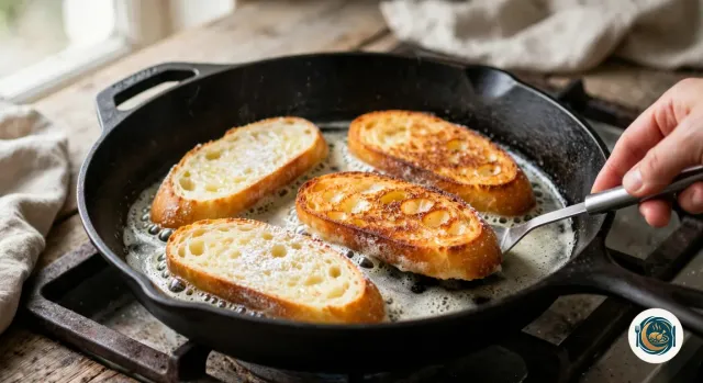 Quatre tranches de baguette dans le beurre mousseux d’une poêle en fonte noire, deux déjà retournées et dorées, deux encore pâles et sucrées, une main qui glisse une spatule sous l’une d’elles