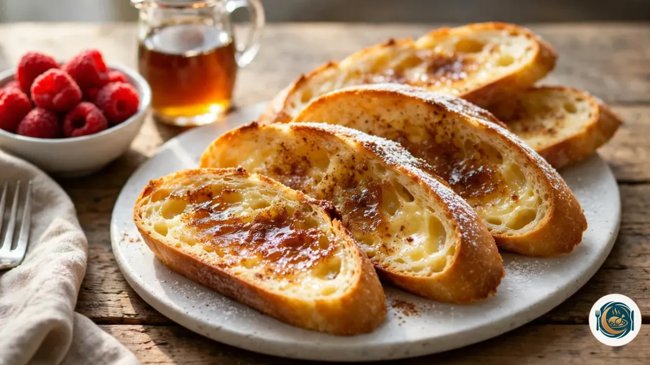 Cinq longues tranches ovales de baguette dorées au beurre, caramélisées et saupoudrées de sucre et de cannelle, sur une assiette blanche, à côté d’un bol de framboises, d’un petit pot de sirop d’érable et d’une fourchette posée sur une serviette en lin