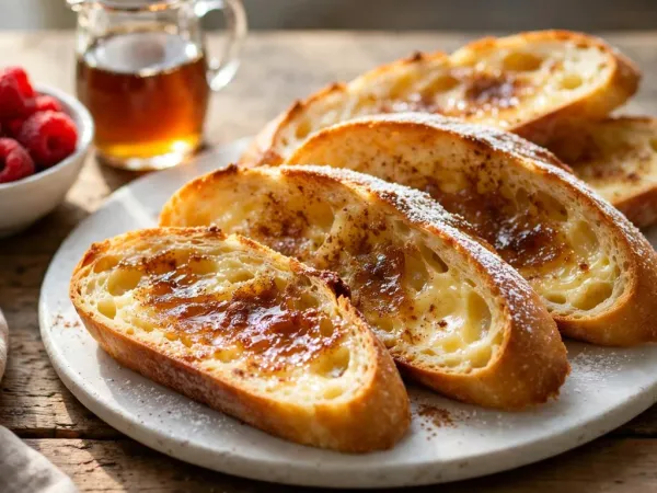Cinq longues tranches ovales de baguette dorées au beurre, caramélisées et saupoudrées de sucre et de cannelle, sur une assiette blanche, à côté d’un bol de framboises, d’un petit pot de sirop d’érable et d’une fourchette posée sur une serviette en lin