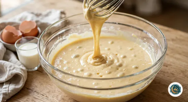 Fouet qui laisse retomber un ruban épais de pâte à pancakes dans un grand saladier en verre, la pâte presque lisse avec quelques petits grumeaux et des bulles, à côté d’un bol de coquilles d’œufs et d’un verre de lait, sur une table en bois