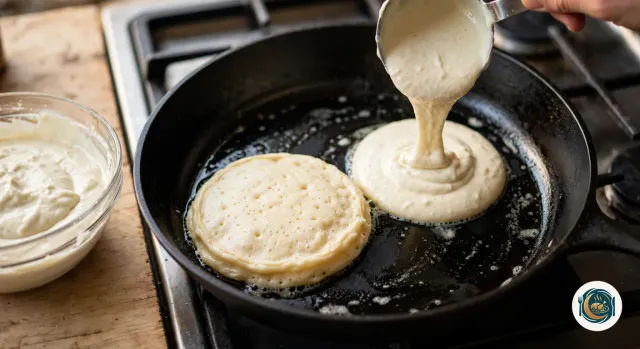 Main qui verse de la pâte épaisse avec une petite louche dans une poêle en fonte noire posée sur le gaz, la pâte formant un disque rond à côté d’un premier pancake déjà couvert de petites bulles, avec le saladier de pâte posé à côté