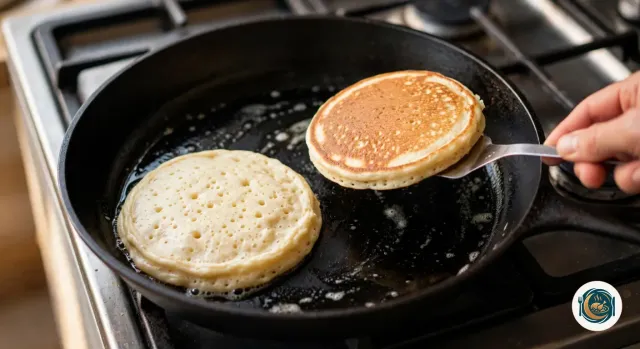Spatule en métal qui soulève un pancake à moitié retourné, montrant son dessous bien doré, dans une poêle en fonte noire, à côté d’un second pancake encore cru dessus et couvert de petites bulles