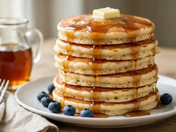 Haute pile de six pancakes épais et moelleux sur une assiette blanche, dorés dessus avec des bords plus clairs, nappés de sirop d’érable qui coule sur les côtés et surmontés d’un carré de beurre qui fond, avec quelques myrtilles autour, une petite carafe de sirop d’érable en verre et une fourchette posée sur une serviette en lin, sur une table en bois