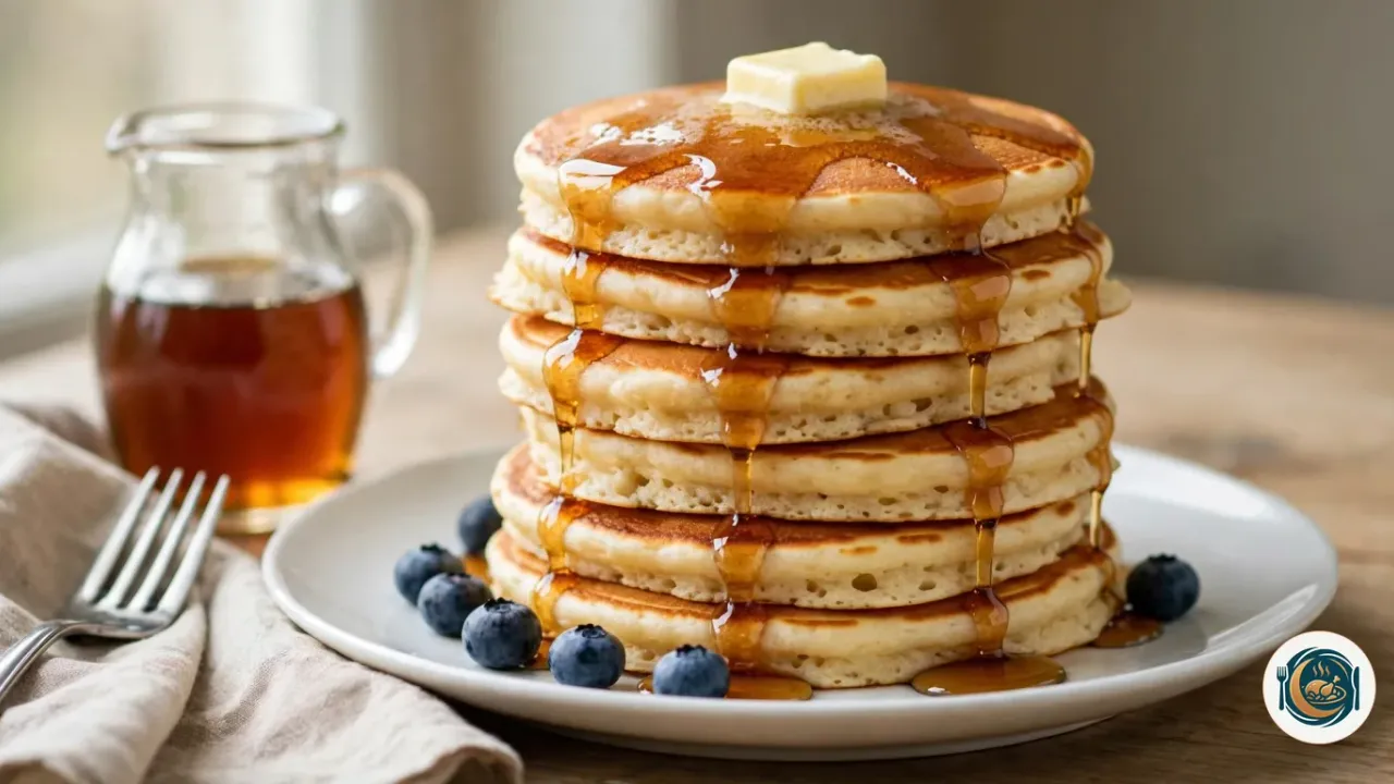 Haute pile de six pancakes épais et moelleux sur une assiette blanche, dorés dessus avec des bords plus clairs, nappés de sirop d’érable qui coule sur les côtés et surmontés d’un carré de beurre qui fond, avec quelques myrtilles autour, une petite carafe de sirop d’érable en verre et une fourchette posée sur une serviette en lin, sur une table en bois