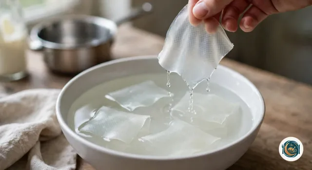 Main qui sort d’un bol d’eau froide une feuille de gélatine ramollie, translucide et quadrillée, qui s’égoutte au-dessus d’autres feuilles en train de tremper, devant une casserole vide