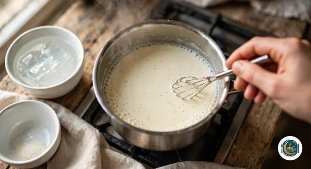 Main qui remue au petit fouet une crème ivoire piquée de grains de vanille, frémissante sur les bords, dans une casserole en inox sur le feu, entre un bol de gélatine qui trempe et un bol de sucre presque vide