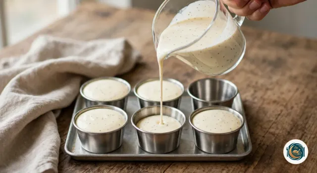 Main qui verse en mince filet une crème à la vanille d’un pot en verre dans six petits moules individuels en inox posés sur une plaque, quatre déjà remplis, un en cours, un encore vide